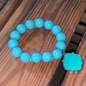 Blue Bead Bracelet with Decorative Tag, Vintage Elastic Bracelet